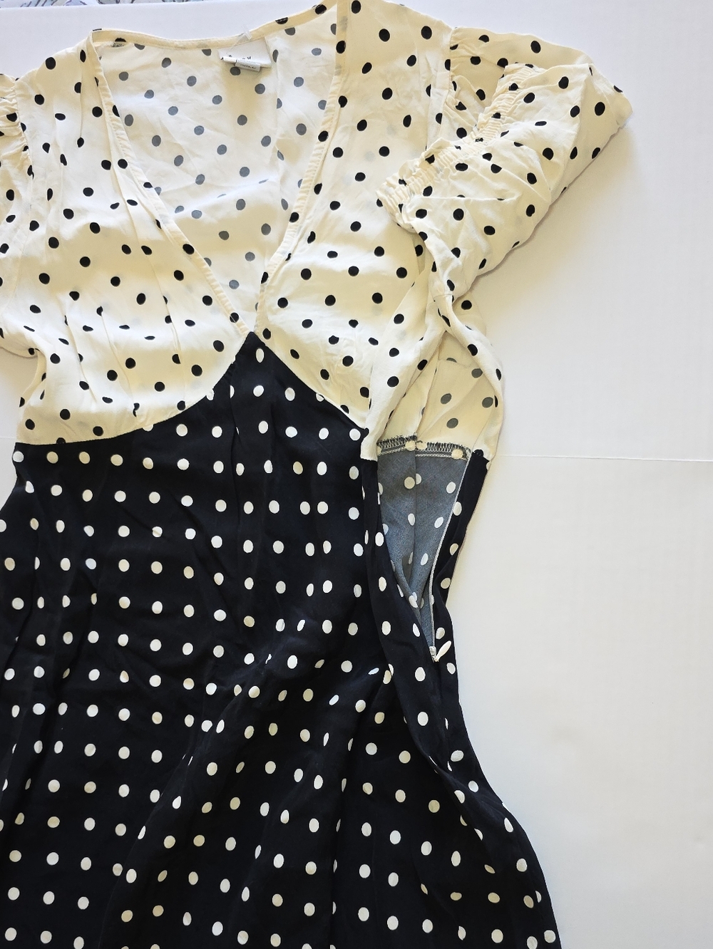 Polka Dot Black And Cream Midi Dress Vintage Cottagecore Parisian Casual Chic - Picture 4 of 6